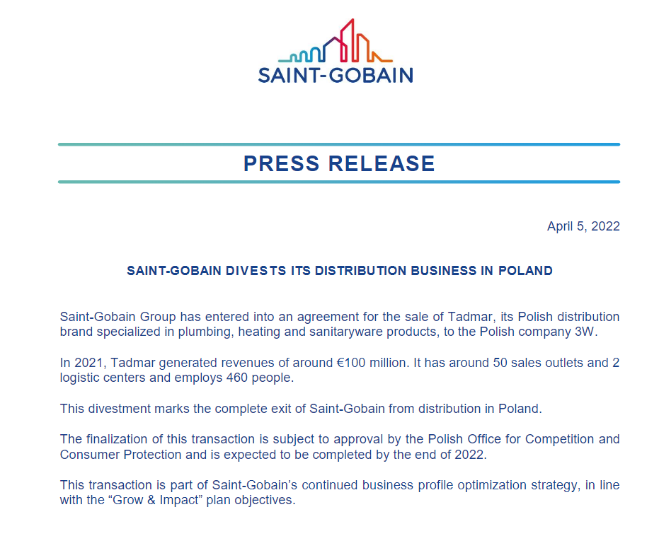 Saint-Gobain Sells Polish Bathroom Distribution Brand Tadmar - Blog - 1