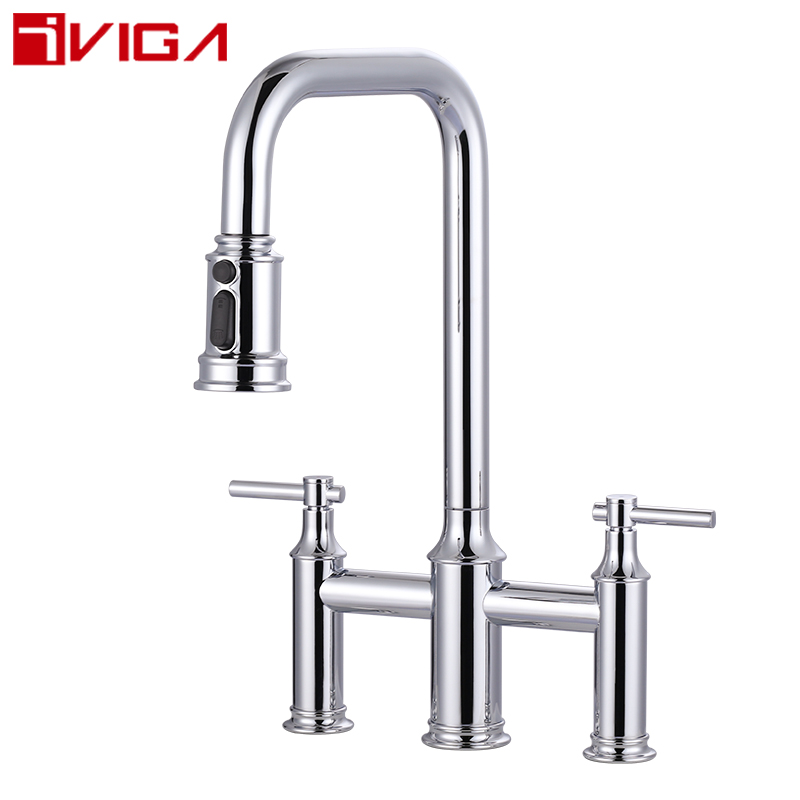 Chrome Bridge Faucet with Pull Down Sprayer for Kitchen Sink 3 Holes,99214000CH