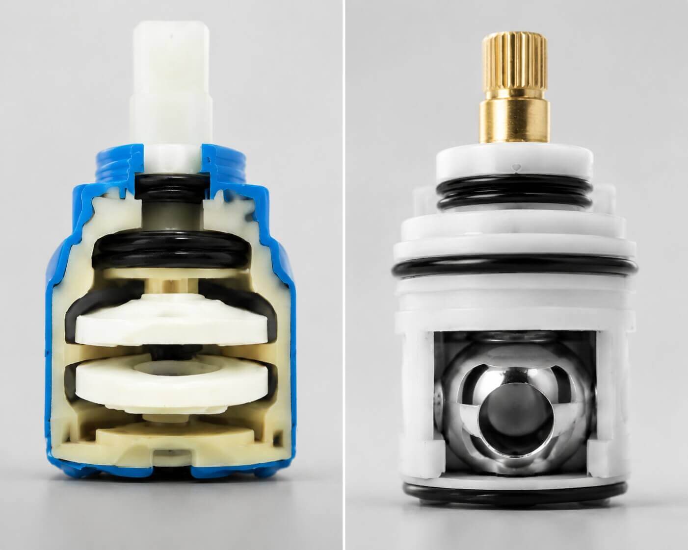 Ceramic disc faucet cartridge and ball valve cartridge cross section comparison showing internal components