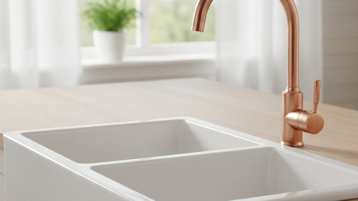 copper faucet white sink